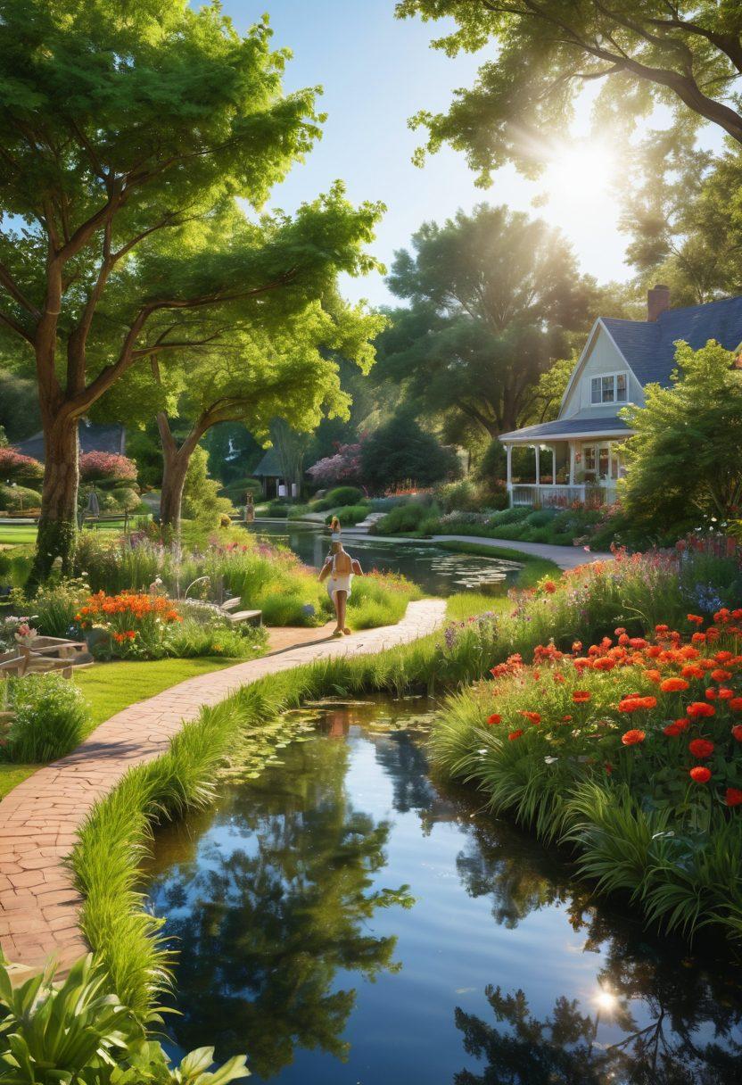 A serene neighborhood park filled with lush greenery, vibrant flowers, and people engaging in joyful activities like yoga and picnicking. Sunlight filters through the trees creating a warm atmosphere, while a small pond reflects the blue sky. Children are playing, and a couple is walking hand in hand, encapsulating the essence of community and nature. super-realistic. vibrant colors. 3D.