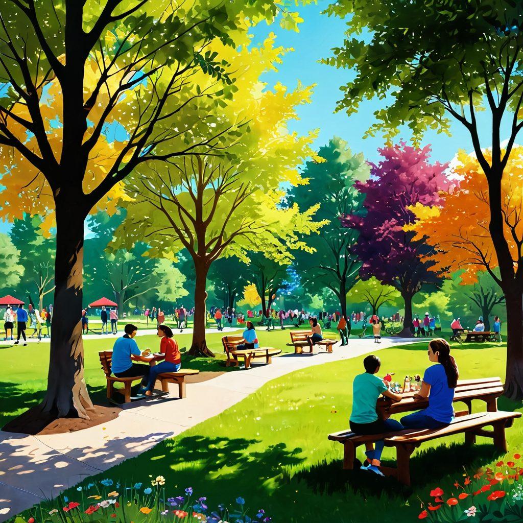 A vibrant illustration depicting a lush, green community park filled with diverse people enjoying nature — families having picnics, children playing, and adults chatting on benches surrounded by colorful flowers and trees. Sunlight filters through the leaves, creating a warm and inviting atmosphere, with a cheerful blue sky above. The park should feel alive and welcoming, showcasing the joy of community living. vibrant colors. super-realistic.