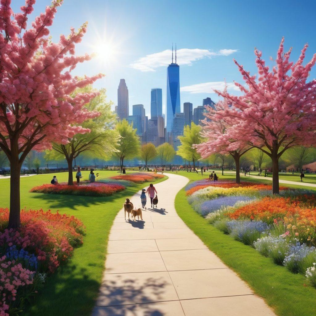 A vibrant park scene filled with families enjoying their day; children playing on a grassy field, people walking dogs along a winding path, and couples having picnics under blooming trees. Sunshine radiates joy, with colorful flowers and a blue sky enhancing the scenery. A modern city skyline subtly in the background signifies urban living. super-realistic. vibrant colors. 3D.